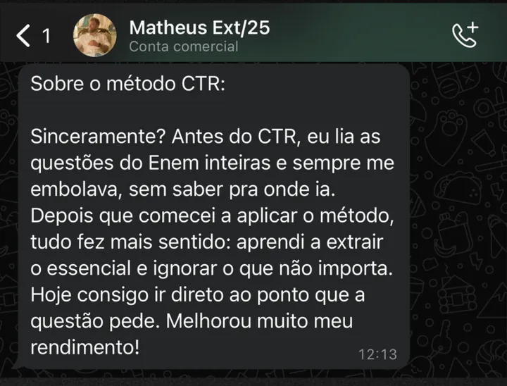 Matheus: antes do CTR eu lia as questões inteiras e me embolava; hoje consigo ir direto ao ponto que a questão pede.